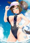  1girl adjusting_clothes adjusting_headwear animal_ears bare_shoulders blue_sky breasts brown_hair cleavage cloud cloudy_sky commentary_request commission covered_navel cowboy_shot day ganimede green_eyes groin hand_on_own_hip hat highleg highleg_one-piece_swimsuit horse_ears horse_girl horse_tail ines_fujin_(umamusume) large_breasts lens_flare looking_at_viewer medium_hair ocean one-piece_swimsuit open_mouth outdoors side_ponytail skeb_commission sky smile sparkle swimsuit tail umamusume visor_cap wading water white_hat 