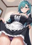  1girl aqua_eyes aqua_hair breasts cameltoe cleavage cowboy_shot hair_ornament hairpin highres indoors kantai_collection large_breasts long_hair looking_at_viewer maid maid_headdress open_mouth panties purple_panties rakutosu smile solo suzuya_(kancolle) teeth underwear 