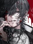  1boy arm_up artist_name bandaid bandaid_on_cheek bandaid_on_face bite_mark bite_mark_on_hand bite_mark_on_neck black_choker black_collar black_eyes black_hair black_jacket black_nails black_sleeves blood blood_on_face bloody_bandaid chain choker collar commentary cross cross_earrings ear_piercing earrings english_text eyebrows_hidden_by_hair face_piercing hair_between_eyes hair_ornament hairpin holding holding_chain isumisumi jacket jewelry lip_piercing long_bangs long_sleeves medium_hair original parted_lips piercing portrait red_background ring shirt short_hair signature silver_ring silver_trim solo symbol-only_commentary two-tone_background white_background white_shirt white_sleeves 