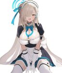  1girl :d absurdres asuna_(blue_archive) black_choker black_skirt blue_archive blue_eyes blue_halo blue_ribbon breasts brown_hair choker cleavage commentary gloves hair_over_one_eye hair_ribbon halo highres large_breasts long_hair looking_at_viewer maid maid_headdress mole mole_on_breast open_mouth ribbon saibashi_(develop_komono) short_sleeves simple_background sitting skirt smile solo thighhighs white_background white_gloves white_thighhighs zettai_ryouiki 
