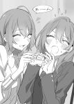  2girls :d :o blush chopsticks commentary_request double-parted_bangs facing_another facing_viewer feeding flying_sweatdrops greyscale hair_between_eyes hands_up holding holding_chopsticks jacket kohinata_iroha_(imouuzai) kohinata_otowa lapels long_hair long_sleeves medium_hair monochrome mother_and_daughter multiple_girls notched_lapels novel_illustration official_art open_clothes open_jacket open_mouth school_uniform second-party_source shirt smile speech_bubble sweat sweater_vest tomari_(veryberry00) tomodachi_no_imouto_ga_ore_ni_dake_uzai translation_request 