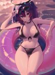  1girl absurdres alternate_costume bikini black_bikini black_halo blue_archive blue_eyes blue_hair blush breasts cleavage commentary front-tie_bikini_top front-tie_top hair_ornament halo highres large_breasts long_hair looking_at_viewer mcbox mechanical_halo navel ocean on_innertube open_mouth outdoors pink_innertube side-tie_bikini_bottom solo stomach sunglasses swimsuit thighs triangle_hair_ornament two_side_up wet wet_hair yuuka_(blue_archive) 