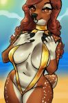  anthro beach bikini breasts brown_body brown_eyes clothing curvy_figure deer female hi_res lostwisdom mammal nicolette_(lubentina_infernis) simple_background solo spots swimwear tan_body two-piece_swimsuit wide_hips 