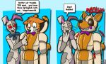 absurd_res animatronic anthro bodily_fluids canid canine clothing comic costume duo english_text female five_nights_at_freddy&#039;s five_nights_at_freddy&#039;s_world fox fursuit hi_res lagomorph leporid lolbit_(fnaf) machine male male/female mammal nx-42 rabbit robot scottgames springlock_suit sweat sweatdrop text trapped vanny_(fnaf) violence