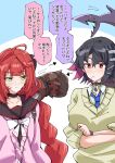  2girls ahoge black_choker black_sailor_collar bow bowtie brown_cardigan candy cardigan chest_bow choker colored_inner_hair crossed_arms ellen_joe fins fish_tail food green_eyes lollipop lollipop_in_mouth long_hair looking_at_another mole mole_under_eye multicolored_hair multiple_girls nodachi_(nodati51) pink_cardigan razor_blade_hair_ornament red_eyes red_hair sailor_collar shark_girl shark_tail speech_bubble tail thought_bubble ukinami_yuzuha upper_body white_bow white_bowtie zenless_zone_zero 