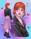  1girl artist_name black_boots black_jacket boots brown_eyes burger cigarette dress food highres holding holding_cigarette jacket jewelry luztapiaart margot_(the_menu_(2022_movie)) multiple_views necklace purple_dress red_hair the_menu_(2022_movie) tribadism watermark 