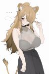  ... 1girl absurdres ammak animal_ear_fluff animal_ear_piercing animal_ears bare_arms bare_shoulders black_bra black_choker black_skirt blonde_hair blush bra bra_visible_through_clothes breasts choker cleavage closed_mouth commentary_request green_eyes grey_shirt hair_over_one_eye hand_up high_ponytail highres large_breasts lion_ears lion_girl lion_tail long_hair looking_at_viewer one_eye_covered original parted_bangs ponytail see-through_cleavage see-through_clothes shirt simple_background skirt sleeveless sleeveless_shirt solo sweat tail twirling_hair underwear white_background 