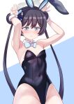  1girl absurdres animal_ear_hairband animal_ears armpits black_hair black_leotard blue_archive bow bowtie breasts covered_navel detached_collar double_bun english_commentary fake_animal_ears hair_bun hairband highres kisaki_(blue_archive) leotard long_hair playboy_bunny rabbit_ears rabbit_pose saltywetspirit small_breasts solo strapless strapless_leotard twintails white_bow white_bowtie wrist_cuffs 