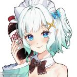  1girl aqua_hair aqua_nails black_bow blue_eyes bottle bow closed_mouth commission detached_collar dr_pepper gradient_hair hair_ornament highres holding holding_bottle indie_virtual_youtuber looking_at_viewer maid_headdress mint_fantome multicolored_hair pointy_ears simple_background smile soda_bottle solo takoroki triangular_headpiece virtual_youtuber white_background white_hair x_hair_ornament 