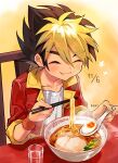  1boy :t ^_^ amanogawa_ryuusei artist_name black_hair blonde_hair blush bowl chair child chinese_spoon chopped_spring_onion chopsticks closed_eyes collared_jacket commentary cup dated drinking_glass eating food hair_between_eyes hands_up happy highres holding holding_chopsticks holding_spoon jacket jinzou_konchuu_kabutoborg_vxv kuroda_(kuro_yyy) male_focus noodles on_chair open_clothes open_jacket ramen red_jacket shirt short_hair signature sitting smile softboiled_egg solo spoon steam table water white_shirt wristband yellow_background 