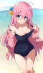  1girl aqua_eyes blue_one-piece_swimsuit blush bocchi_the_rock! breasts cube_hair_ornament day eniraka fanged_bangs gotoh_hitori hair_between_eyes hair_ornament highres jacket large_breasts long_hair long_sleeves one-piece_swimsuit one_side_up open_clothes open_jacket open_mouth outdoors pink_hair pink_jacket school_swimsuit solo swimsuit thighs track_jacket 