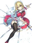  1girl apron black_pantyhose blonde_hair bow commission dress dual_wielding frills highres holding janne_cherry long_hair maid maid_headdress pantyhose pixiv_commission puffy_short_sleeves puffy_sleeves red_dress ribbon short_sleeves solo sword too_many_weapons touhou weapon yellow_eyes yumeko_(touhou) 