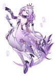  1girl absurdres bare_shoulders black_tiara bow bug butterfly castorice_(honkai:_star_rail) dress full_body hair_bow high_heels highres honkai:_star_rail honkai_(series) long_hair looking_at_viewer looking_back pointy_ears purple_butterfly purple_eyes purple_hair purple_shoes scythe shoes sikaku simple_background skirt_hold solo standing tiara twitter_username very_long_hair white_background white_bow white_dress 