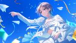  1girl absurdres asakura_toru earrings flower gradient_hair hands_up highres idolmaster idolmaster_shiny_colors jewelry long_sleeves multicolored_hair official_art open_clothes paper_airplane ribbon rose shirt sky white_flower white_rose white_shirt 
