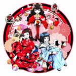  3girls bell black_hair blue_kimono commentary_request creature doll flower flower_wreath japanese_clothes kimono lantern long_hair looking_at_viewer multiple_girls original paper_lantern red_eyes red_kimono sandals short_hair smile tabi yamada_satoshi zashiki-warashi zouri 