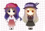  2girls aka_owwo_ri bare_shoulders barefoot black_shoes blonde_hair brown_hat brown_skirt brown_vest chibi collarbone commentary_request detached_sleeves flat_cap frilled_hat frilled_skirt frills full_body hat hat_feather hat_ornament highres jacket_girl_(dipp) label_girl_(dipp) long_hair long_sleeves mandarin_collar mary_janes multiple_girls neck_ribbon newsboy_cap purple_eyes purple_hair red_eyes red_hat red_ribbon red_skirt ribbon shirt shoes side_ponytail simple_background skirt sleeveless sleeveless_shirt socks standing star_(symbol) star_hat_ornament touhou very_long_hair vest white_shirt white_sleeves white_socks wide_sleeves 