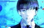  1boy black_hair black_necktie black_suit blue_background blue_theme collared_shirt eyepatch highres kaneki_ken kyezzzz lips looking_at_viewer male_focus medical_eyepatch necktie one_eye_covered partially_shaded_face shaded_face shirt short_hair solo suit tokyo_ghoul white_shirt 