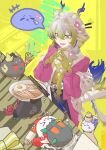  1girl animalization arknights blonde_hair braid choker chongyue_(arknights) chopsticks colored_extremities colored_skin dragon_bubble_(arknights) dragon_horns dusk_(arknights) eastern_dragon_tail flower food grey_hair hair_between_eyes hair_flower hair_ornament highres horns jacket ling_(arknights) long_hair multicolored_hair nian_(arknights) noodles official_alternate_costume open_clothes open_jacket open_mouth party_popper pink_jacket pointy_ears raffic shu_(arknights) shu_(spring_feast)_(arknights) solo speech_bubble yellow_choker yellow_skin yu_(arknights) 
