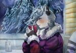 absurd_res anthro beverage bomber_jacket candy chocolate dessert drinking_straw felid feline female food glass heart_symbol hi_res hot_chocolate leopardus mammal murazaki night ocelot plant snow solo steam tree window winter yvette_(kilinah)