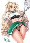  1girl absurdres ball black_panties blonde_hair commentary_request contrast_collar covered_underboob dated green_skirt grey_eyes highres holding holding_ball holding_tennis_racket kantai_collection katou_shinobu long_hair looking_at_viewer minneapolis_(kancolle) minneapolis_(tennis)_(kancolle) official_alternate_costume one-hour_drawing_challenge panties pleated_skirt polo_shirt racket shirt simple_background skirt smile solo sports_bra sportswear tennis_ball tennis_racket tennis_skirt tennis_uniform tongue tongue_out twitter_username two_side_up underwear wavy_hair white_background white_shirt 
