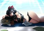  1girl ar_tonelico ar_tonelico_i barbariank bare_shoulders beach beach_towel bikini black_bikini black_hair blue_eyes breasts cleavage curvy detached_sleeves hair_ribbon lips long_hair looking_at_viewer lying misha_arsellec_lune navel on_side parted_lips ribbon sarong side-tie_bikini silver_eyes smile solo swimsuit wide_hips 