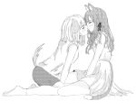  2girls animal_ears bang_dream! bang_dream!_it&#039;s_mygo!!!!! blush cat_ears cat_girl cat_tail closed_eyes closed_mouth dog_ears dog_girl dog_tail dress greyscale highres kemonomimi_mode kneeling long_hair medium_hair misumi_uika monochrome multiple_girls shirt shorts sleeveless sleeveless_shirt socks tail togawa_sakiko uikays yuri 