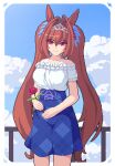  1girl animal_ears antenna_hair bare_shoulders blue_skirt blue_sky border breasts closed_mouth cloud cloudy_sky commentary cowboy_shot daiwa_scarlet_(umamusume) english_commentary flower hair_between_eyes hair_intakes highres holding holding_flower horse_ears horse_girl horse_tail long_hair looking_at_viewer medium_breasts official_alternate_costume outdoors pixel_art plaid_clothes plaid_skirt railing red_eyes red_hair rose seiko093 shirt skirt sky smile solo tail tiara twintails umamusume very_long_hair white_border white_shirt 