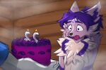 birthday_cake birthday_candle cake cheek_tuft dessert duo eeveelution espeon facial_tuft fluffy fog food fur fur_markings generation_2_pokemon hi_res kailun_setra male markings neck_tuft nintendo offscreen_character pink_body pokemon pokemon_(species) setriaphtfj solo_focus surprised surprised_expression surprised_eyes surprised_face tuft