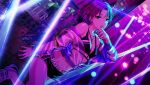  1girl asakura_toru bare_back black_nails earrings highres idolmaster idolmaster_shiny_colors jewelry navel nightclub official_art open_mouth see-through_clothes short_hair standing swimsuit 