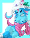  1girl absurdres ariemon bare_shoulders black_sclera blue_border blue_hair blue_skin border breasts breasts_out cleavage collarbone colored_sclera colored_skin digimon digimon_(creature) highres japanese_clothes kimono medium_breasts nipples off_shoulder omeka_gamma panties pink_eyes pink_kimono simple_background solo underwear white_background white_panties 