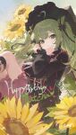  1girl absurdres ahoge black_bow black_dress blush bow double-parted_bangs dress english_text field flower flower_field frilled_dress frills green_eyes green_hair hair_bow hat highres long_hair looking_at_viewer modare open_mouth original sun_hat sunflower twintails 