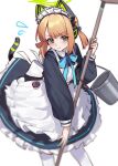  1girl :&gt; amamiyayk animal_ear_headphones animal_ears apron aqua_bow aqua_bowtie back_bow black_dress blonde_hair blue_archive blue_bow blurry blush bow bowtie broom bucket cat_ear_headphones cat_ears cat_tail chinese_commentary closed_mouth collared_dress commentary contrast_collar depth_of_field dress fake_animal_ears fake_tail feet_out_of_frame flying_sweatdrops frilled_apron frilled_dress frills green_eyes green_halo hair_bow halo headphones highres holding holding_broom long_sleeves looking_at_viewer maid maid_apron maid_headdress making-of_available midori_(blue_archive) midori_(maid)_(blue_archive) official_alternate_costume pantyhose parted_bangs puffy_long_sleeves puffy_sleeves short_hair sidelocks simple_background smile solo tail tail_raised twintails v-shaped_eyebrows virtual_pet_(toy) white_apron white_background white_bow white_headdress white_pantyhose 