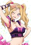  aikatsu! aikatsu!_(series) arm_up armpits bare_shoulders blonde_hair commentary_request daichi_nono detached_collar fake_nails fingernails hand_on_hip joy_ride long_fingernails long_hair looking_at_viewer mole mole_under_eye nail_polish navel one_eye_closed open_mouth purple_eyes scrunchie smile solo twintails 