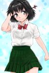  1girl alternate_costume black_hair bow bowtie breasts brown_eyes collared_shirt green_skirt haguro_(kancolle) highres kantai_collection medium_breasts miniskirt nekotarou_(nktr299) plaid_clothes plaid_skirt pleated_skirt red_bow red_bowtie shirt short_hair short_sleeves skirt solo white_shirt 
