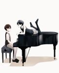  2boys black_eyes black_hair black_sweater_vest black_thighhighs bright_pupils brown_shorts collarbone collared_shirt colored_skin dual_persona grand_piano instrument looking_at_another lying male_focus multiple_boys omori omori_(omori) on_stomach piano piano_bench rami_1300 shirt short_sleeves shorts simple_background sitting striped_clothes striped_shorts sunny_(omori) sweater_vest thighhighs vertical-striped_clothes vertical-striped_shorts white_background white_pupils white_shirt white_shorts white_skin 