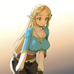  1girl black_pants blonde_hair blue_shirt braid breasts brown_gloves commentary_request crown_braid gloves gold_trim gradient_background green_eyes hands_on_lap large_breasts long_hair monbetsu_kuniharu pants parted_bangs pointy_ears princess_zelda shirt sidelocks solo the_legend_of_zelda the_legend_of_zelda:_breath_of_the_wild tight_clothes tight_pants yellow_background 