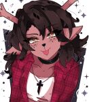 absurd_res anthro antlers brown_body brown_fur brown_hair choker clothed clothed_anthro clothed_female clothing cross cross_necklace deer deltarune dess_holiday ear_piercing ear_ring female flannel_shirt freckled_face freckles fully_clothed fully_clothed_anthro fully_clothed_female fur hair headshot_portrait hi_res horn jewelry looking_at_viewer mammal necklace new_world_deer piercing pixelhorn portrait red_clothing red_shirt red_topwear reindeer ring_piercing shirt solo tongue tongue_out tongue_piercing topwear undertale_(series) yellow_eyes