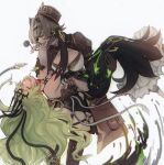  2girls black_dress black_gloves blood blood_on_neck brown_hair brown_hat brown_jacket carrying carrying_person cleavage_cutout closed_eyes clothing_cutout commentary dress elbow_gloves english_commentary farcicalhelix gloves green_hair hair_intakes hat highres honkai_(series) honkai_impact_3rd jacket long_hair mobius_(honkai_impact) multicolored_hair multiple_girls smile split-color_hair two-tone_hair very_long_hair vill-v 