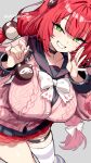  1girl asymmetrical_legwear breasts buttons collarbone green_eyes highres large_breasts looking_at_viewer pink_shirt red_hair shigatsu_shizuki shirt single_leg_pantyhose skirt smile smug solo sweater twintails twitter_username ukinami_yuzuha zenless_zone_zero 