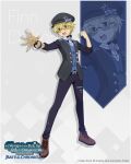  1boy bell black_hat black_vest blonde_hair blue_eyes brown_shoes character_name copyright_name dungeon_ni_deai_wo_motomeru_no_wa_machigatteiru_darou_ka english_text finn_deimne full_body glasses hat hat_ornament highres necktie official_alternate_costume official_art open_mouth outstretched_hand pants purple_pants purple_shirt second-party_source shirt shoes snowflake_brooch snowflake_hat_ornament solo standing teeth torn_clothes torn_pants upper_teeth_only vest white_necktie 