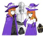  1girl 2boys armor asdf1211950 black_souls cape character_request closed_mouth detached_sleeves dorothy_(black_souls) dress full_armor genderswap genderswap_(ftm) grimm_(black_souls) hat highres knight long_hair looking_at_viewer multiple_boys open_mouth orange_hair purple_cape purple_dress purple_hat recursive_genderswap simple_background smile white_background witch_hat 