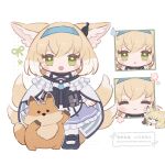  2girls animal_ears arknights blonde_hair blue_dress blue_hairband chibi closed_eyes closed_mouth commentary dress earpiece fox_ears fox_girl fox_tail frilled_dress frills green_eyes hairband highres kitsune kyuubi material_growth mother_and_daughter multiple_girls multiple_tails multiple_views open_mouth oripathy_lesion_(arknights) simple_background smile someyaya standing suzuran_(arknights) symbol-only_commentary tail thick_eyebrows vulpisfoglia_(arknights) watermark white_background 
