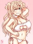  1girl alternate_costume artist_logo blonde_hair bra breasts cat_cutout cat_ear_panties cat_lingerie clothing_cutout cowboy_shot dated gradient_background grey_eyes hair_ornament hairclip implied_tail_plug kanon_(kurogane_knights) kantai_collection large_breasts logo long_hair looking_at_viewer minneapolis_(kancolle) one-hour_drawing_challenge panties pink_background smile solo two_side_up underwear upper_body wavy_hair white_bra white_panties 
