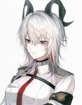  1girl armband black_armband black_choker black_horns breasts chest_harness choker closed_mouth collared_shirt commentary curled_horns grey_hair hair_between_eyes harness horns jeulpa_216 large_breasts long_hair looking_afar multicolored_hair necktie red_eyes red_necktie shirt simple_background solo streaked_hair white_background white_shirt wuthering_waves zani_(wuthering_waves) 