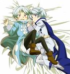  alternate_costume bad_id bad_pixiv_id black_legwear boots circlet lying male_focus mikleo_(tales) multiple_boys on_bed pantyhose purple_eyes silver_hair tales_of_(series) tales_of_zestiria toshiharu_(s_narutoshi) younger 
