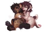 anthro black_hair blep blue_eyes breasts brown_body brown_fur brown_hair brown_markings casual_nudity cheek_tuft chest_tuft colored digital_media_(artwork) duo facial_markings facial_tuft fangs felid female fingerless_(marking) fryaz_(f-r95) full-length_portrait fur gloves_(marking) green_eyes hair head_markings hi_res hug hyena kneeling kyotoleopard leg_markings male mammal markings mikksies_(character) nude pawpads portrait prehistoric_species saber-toothed_tiger sabertooth_(anatomy) semi-anthro shaded simple_background sitting smilodon socks_(marking) spots spotted_body spotted_fur spotted_hyena tail teeth tongue tongue_out tuft white_body white_fur