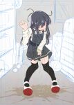  1girl asashio_(kancolle) belt between_legs black_belt black_dress black_hair black_thighhighs blush buttons closed_eyes collared_shirt commentary_request dress embarrassed flat_chest full_body hand_between_legs hand_up have_to_pee highres indoors kantai_collection long_hair long_sleeves narumiya_(narumiya) nose_blush open_mouth pee peeing peeing_self pinafore_dress shirt shoes sidelocks sleeveless sleeveless_dress solo standing thighhighs uwabaki white_shirt 