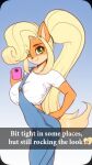 2025 9:16 activision anthro bandicoot big_breasts blonde_hair breasts cellphone clothing coco_bandicoot crash_bandicoot_(series) crop_top electronics english_text eyebrow_through_hair eyebrows eyelashes female fur green_eyes hair hand_on_hip hi_res holding_cellphone holding_object holding_phone holding_smartphone mammal marsupial orange_body orange_fur phone ponytail scorpdk selfie shirt smartphone smile solo tan_body tan_fur text topwear translucent translucent_hair