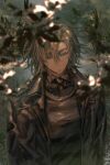  1boy black_coat blonde_hair blurry coat collared_shirt dappled_sunlight daybit_sem_void depth_of_field fate/grand_order fate_(series) highres male_focus medium_hair mi-atidueuzair plant purple_eyes shirt solo sunlight upper_body 