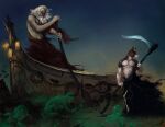 anthro beard boat bone brown_body empty_eye_sockets equid equine facial_hair group holding_melee_weapon holding_object holding_paddle holding_polearm holding_scythe holding_weapon horse human lamp lantern male male_anthro male_human mammal melee_weapon navel outside polearm satanic_monkey scythe spirit standing vehicle watercraft weapon white_body